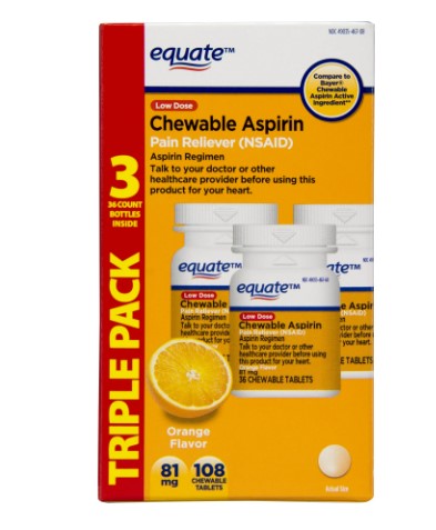 Equate Low Dose Chewable Aspirin 81 mg Tablets, Orange Flavor, 3x 36 Count