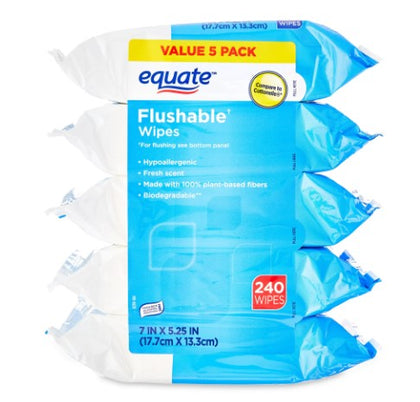 Equate Fresh Scent Flushable Wipes, 5 Resealable Packs (240 Total Wipes)