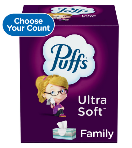 Puffs Ultra Soft Facial Tissues, 6 Family Size Boxes, White, 124 Facial Tissues