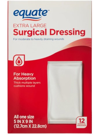 Equate Extra Large Absorbent Surgical Dressing, For Moderate to Heavy Wounds, 12 Count