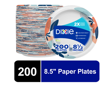 Dixie Paper Plates, 8.5 inch, 200 Count, 2X Stronger*, Multicolor, Disposable Plates