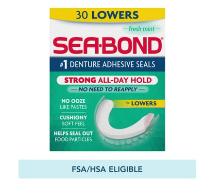 Sea Bond Lower Secure Denture Adhesive Seals, Fresh Mint Flavor Seals, 30 Count