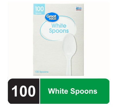 Great Value Everyday Disposable Plastic Spoons, White, 100 Count