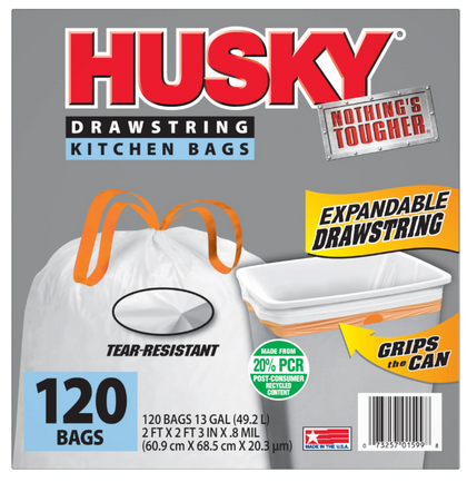 Husky Tall Kitchen White Trash Bags, 13 Gallon, 120 Bags (Expandable Drawstring, 20% PCR)