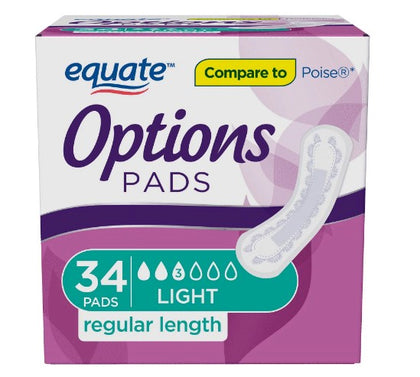 Equate Options Incontinence Pads for Women, Light Absorbency , Regular Length (34 Count)
