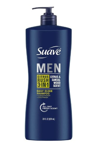 Suave Men Citrus Rush 3-in-1 Shampoo, Conditioner & Body Wash, Daily Clean, Citrus & Sandalwood, 28 fl oz