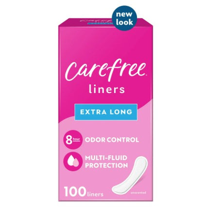 Carefree Regular Panty Liners, Extra Long, Flat, Unscented, 8 Hour Odor Control, 100 Ct
