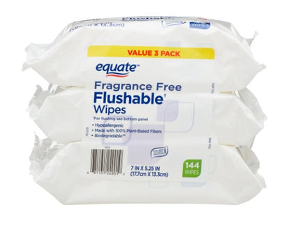 Equate Fragrance Free Flushable Wipes, 3 Resealable Packs (144 Total Wipes)