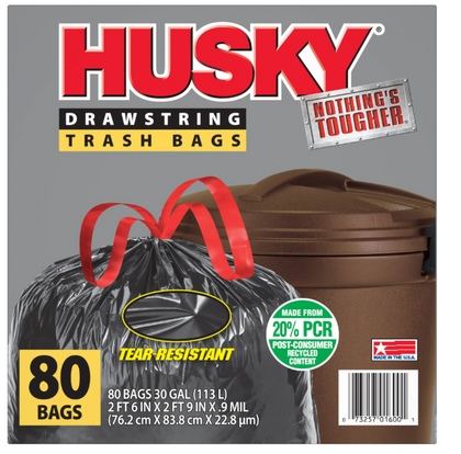 Husky Large Trash Bags, 30 Gallon, 80 Black Bags (Unscented, Tear-Resistant, Drawstring, 20% PCR)
