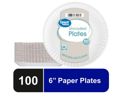 Great Value Uncoated, Microwave Safe, Disposable Paper Plates, 6 in, White, 100 Count