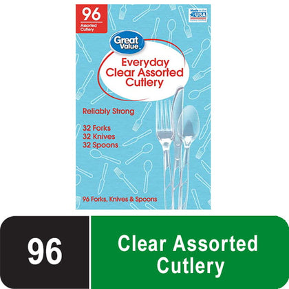 Great Value Clear Assorted Cutlery, (96 Pieces)