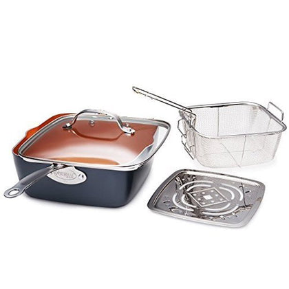 Gotham Steel - 6 Quart XL Nonstick Copper Deep Square All in One 6 Qt Casserole Chef’s Pan & Stock Pot- 4 Piece Set, Includes Frying Basket and Steamer Tray, Dishwasher Safe