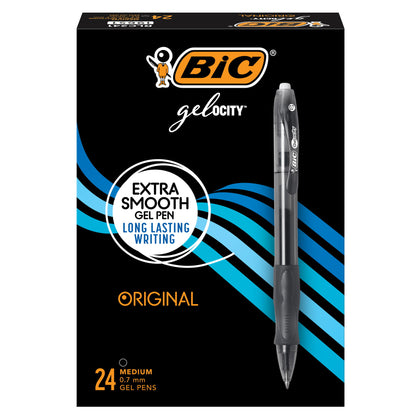 BIC Gel-ocity Retractable Gel Pens, 0.7 mm Medium Tip, Black, Pack of 24