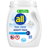 all Mighty Pacs Laundry Detergent Pacs, Free Clear for Sensitive Skin, Unscented and Dye Free, 60 Count