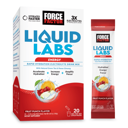 Force Factor Liquid Labs Energy Drink, Electrolytes Powder, Hydration Packets to Boost Energy & Focus, 5 Essential Electrolytes, Vitamins, Minerals, & Antioxidants, Fruit Punch Flavor, 20 Stick Packs