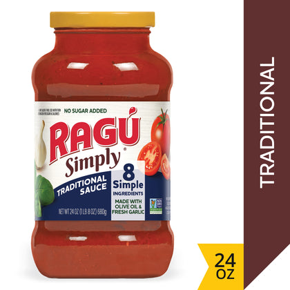 Ragu Simply Traditional Pasta Sauce, Made with Olive Oil and Simply Delicious Ingredients that are Non-GMO Verified with No Added Sugars for a High Quality Italian Sauce, 24 OZ