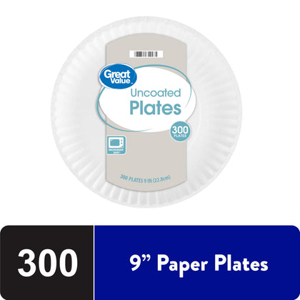 Great Value Uncoated Disposable Paper Plates, 9in, 300ct