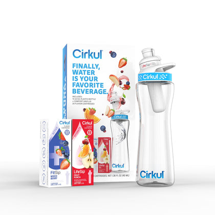 Cirkul 22 oz Plastic Water Bottle Starter Kit with Blue Lid and 2 Flavor Cartridges (Fruit Punch & Mixed Berry)