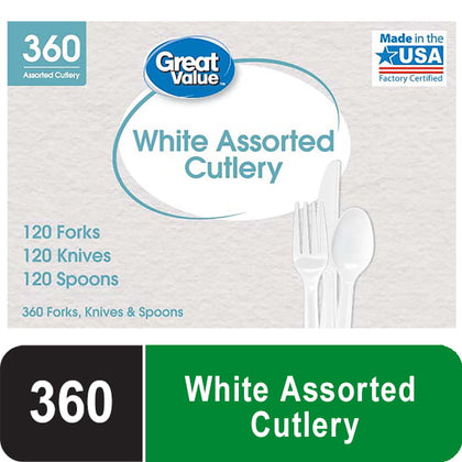 Great Value Everyday Disposable Plastic Cutlery, White, Assorted, 360 Count