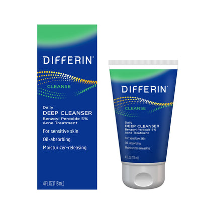 Differin Daily Deep Cleanser with 5% Benzoyl Peroxide, Face Wash for Acne Prone Skin, 4 oz