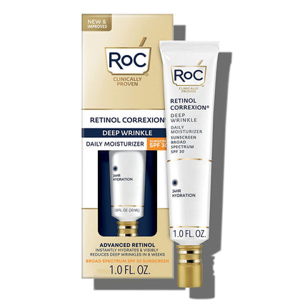 RoC Retinol Correxion Deep Wrinkle Daily Face Moisturizer with Sunscreen SPF 30, Skin Care Treatment for Fine Lines, Dark Spots, Post-Acne Scars, 1oz