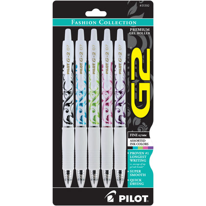 Pilot G2 White Barrel Fashion Collection Gel Pens, Fine Point, 0.7 mm, Assorted Ink Colors, Pack of 5