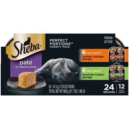 Sheba Wet Cat Food for Adult Cat Pate Variety Pack, Savory Chicken and Roasted Turkey Entrees, 2.6 oz. PERFECT PORTIONS Twin Pack Trays