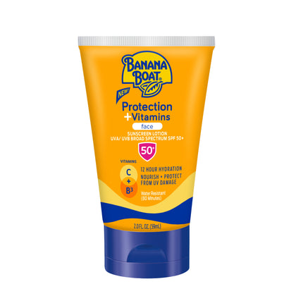 Wholesale price for Banana Boat Protection Plus Vitamins Face Sunscreen Lotion 2 OZ, SPF 50, 12 Hour Hydration, Water Resistant (80 Minutes) Sunblock ZJ Sons Banana Boat 