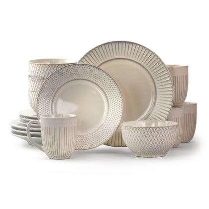 Wholesale price for Elama Market Finds 16 Piece Round Stoneware Dinnerware Set in Embossed White ZJ Sons Elama 