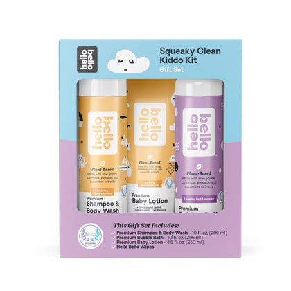 Hello Bello Squeaky Clean Kiddo Kit I Bath Time Gift Set with Shampoo & Body Wash, Bubble Bath, Lotion & Baby Wipes I Vegan and Cruelty Free