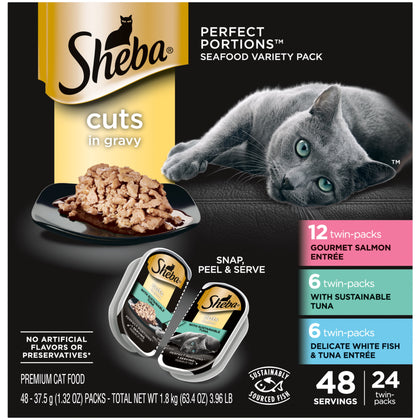 Sheba Wet Cat Food for Adult Cat Cuts in Gravy Variety Pack, With Sustainable Tuna and Gourmet Salmon Entree and Delicate White Fish & Tuna Entree, (24) 2.6 oz. PERFECT PORTIONS Twin-Pack Trays