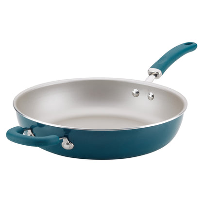 Rachael Ray Create Delicious Aluminum Nonstick Deep Frying Pan, 12.5-Inch, Teal Shimmer
