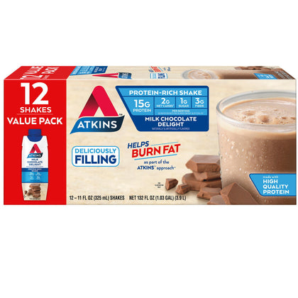 Atkins Protein-Rich Shake, Milk Chocolate Delight, Keto Friendly, 12 Count (Ready to Drink)