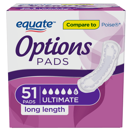 Equate Options Incontinence Pads for Women, Ultimate Absorbency, Long Length (51 Count)
