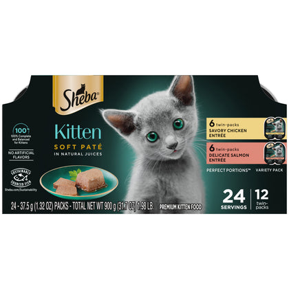 SHEBA PERFECT PORTIONS Kitten Chicken and Salmon Entrées Variety Pack, 12-Pack of 2.64 oz. Singles