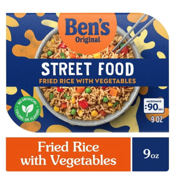 Ben's Original™ Street Food Fried Rice with Vegetables. 9 Ounces Per Tray. Fully Cooked. Heat and Eat In Just 90 Seconds!