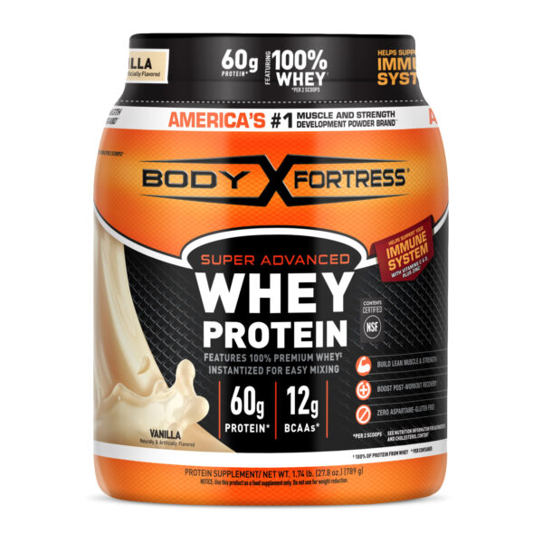 Body Fortress Super Advanced 100% Premium Whey Protein Powder, Vanilla, 60g Protein, Immune Support , Vitamins C & D Plus Zinc, 1.74 lbs (Packaging May Vary)