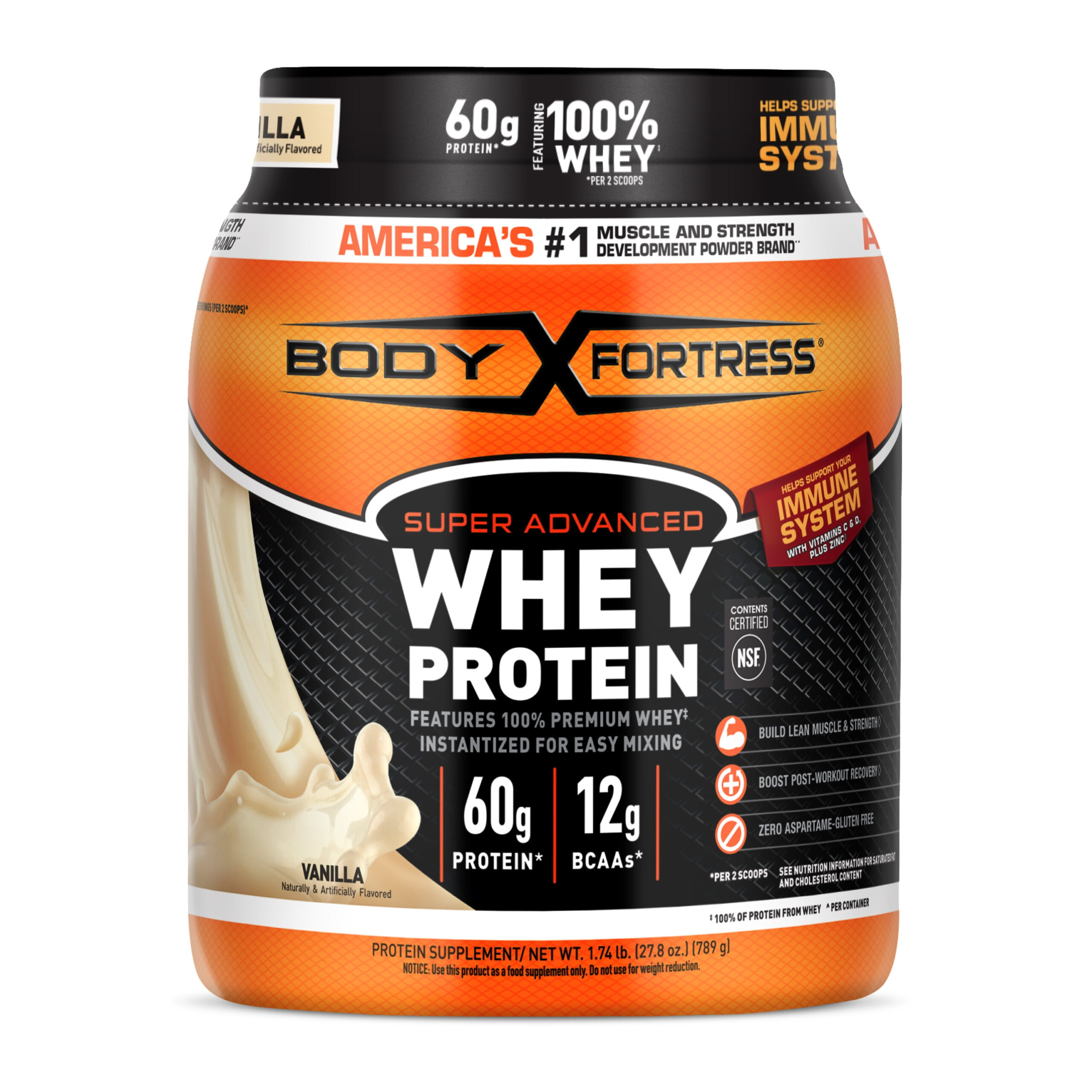 69c8357141ac74795da6bccd2efa8e835b17b2696034bd8e239f8.jpg Body Fortress Super Advanced 100% Premium Whey Protein Powder, Vanilla, 60g Protein, Immune Support , Vitamins C & D Plus Zinc, 1.74 lbs (Packaging May Vary) - Image 1
