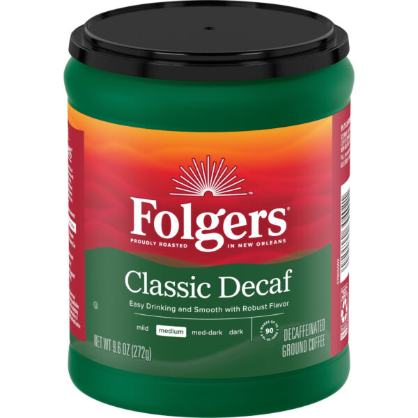 Folgers Decaf Coffee, Ground Coffee, Classic Medium Roast, 9.6 oz Canister