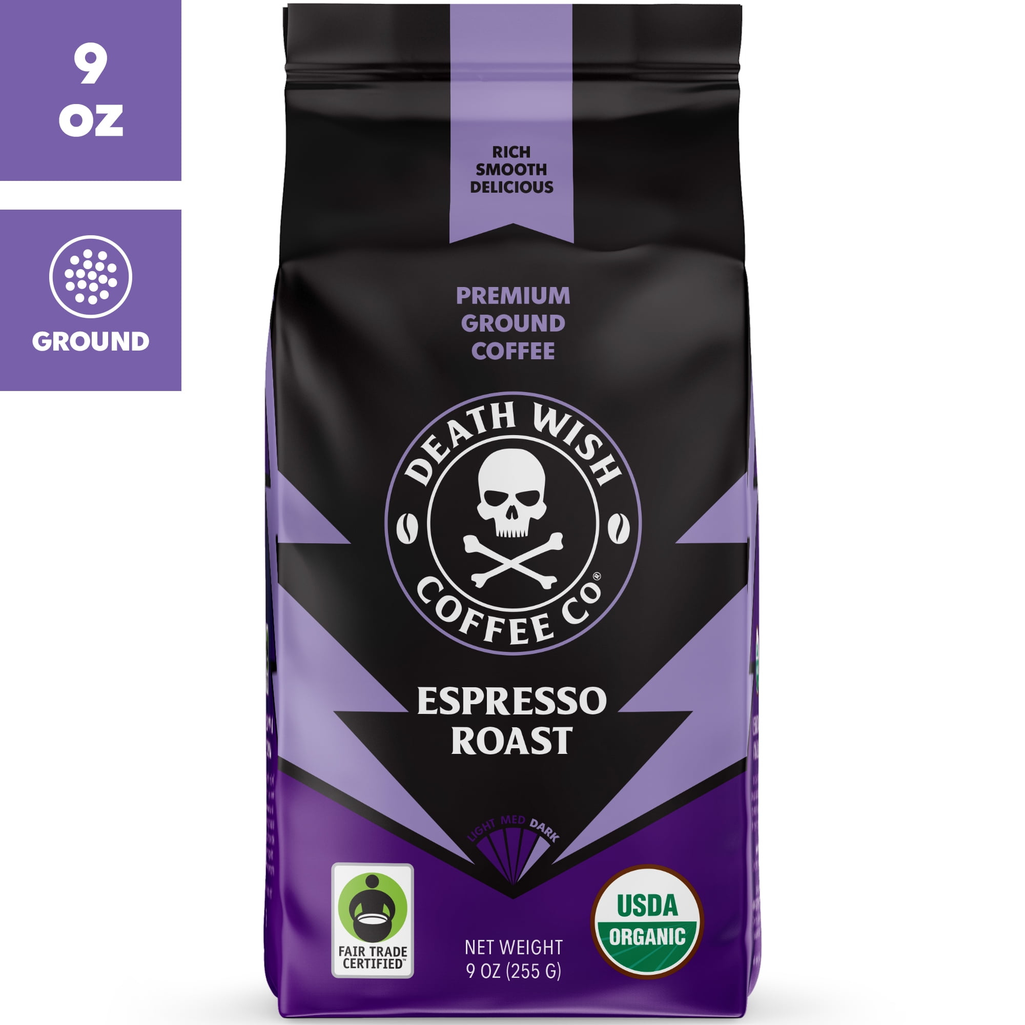 69d4db783ece5dee307e11a761aa52bcdaa95d621c9d89c6619cc.jpg Death Wish Coffee, Organic and Fair Trade, Espresso Roast, Ground Coffee, 9oz - Image 1