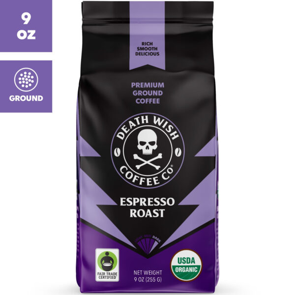 Death Wish Coffee, Organic and Fair Trade, Espresso Roast, Ground Coffee, 9oz