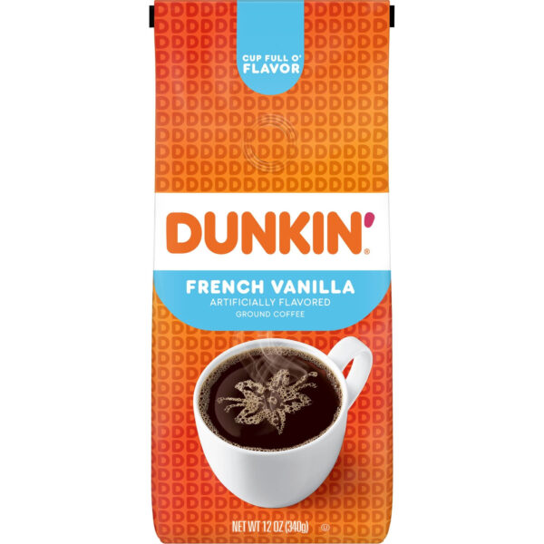 Dunkin’ French Vanilla Artificially Flavored Coffee, Ground Coffee, 12 oz Bag