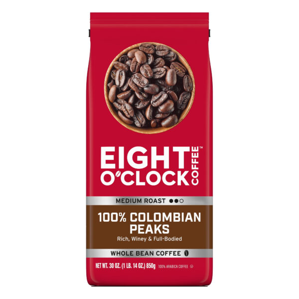 Eight O'Clock Coffee Medium Roast Whole Bean 100% Colombian Peaks Coffee 30 oz