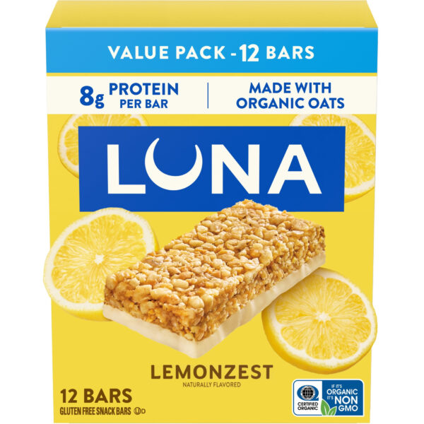 LUNA LemonZest Flavor Gluten Free Snack Bars, Protein Bars, Value Pack, 12ct
