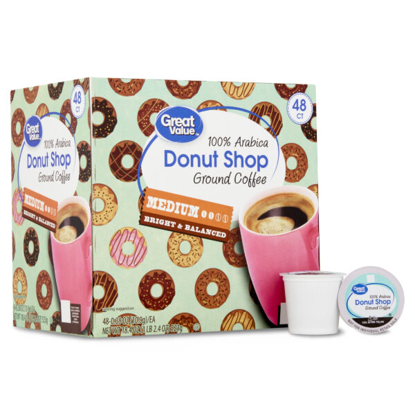 Great Value Donut Shop 100% Arabica Medium Roast Ground Coffee Pods, 48 Count
