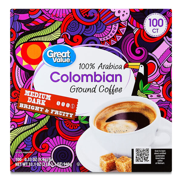 Great Value 100% Arabica Colombian Medium Dark Roast Ground Coffee Pods, 33.1 oz, 100 Count