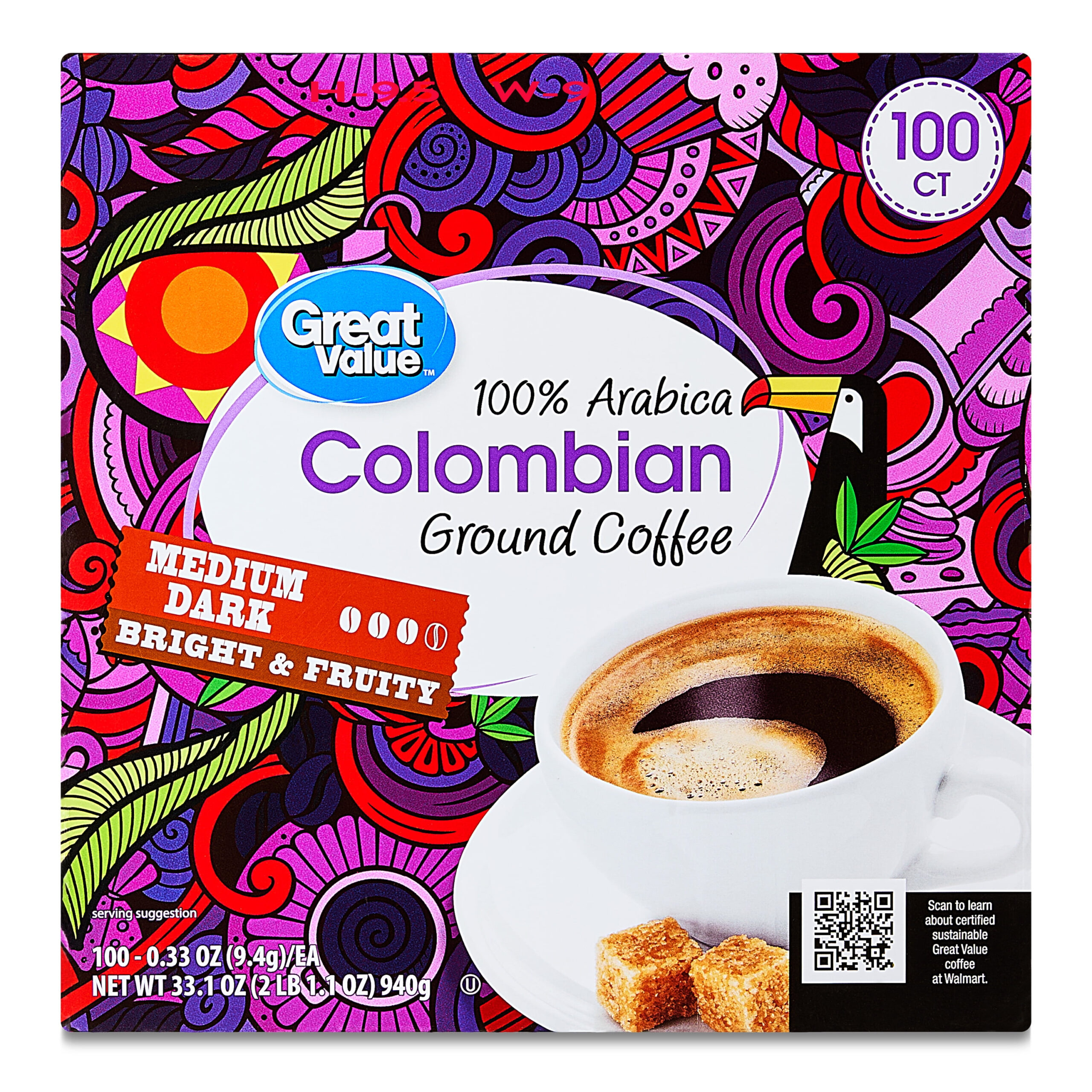 69d77c511199493031fc2c6ed53a76c3e9e5c300549907e1c22cc.jpg Great Value 100% Arabica Colombian Medium Dark Roast Ground Coffee Pods, 33.1 oz, 100 Count - Image 1