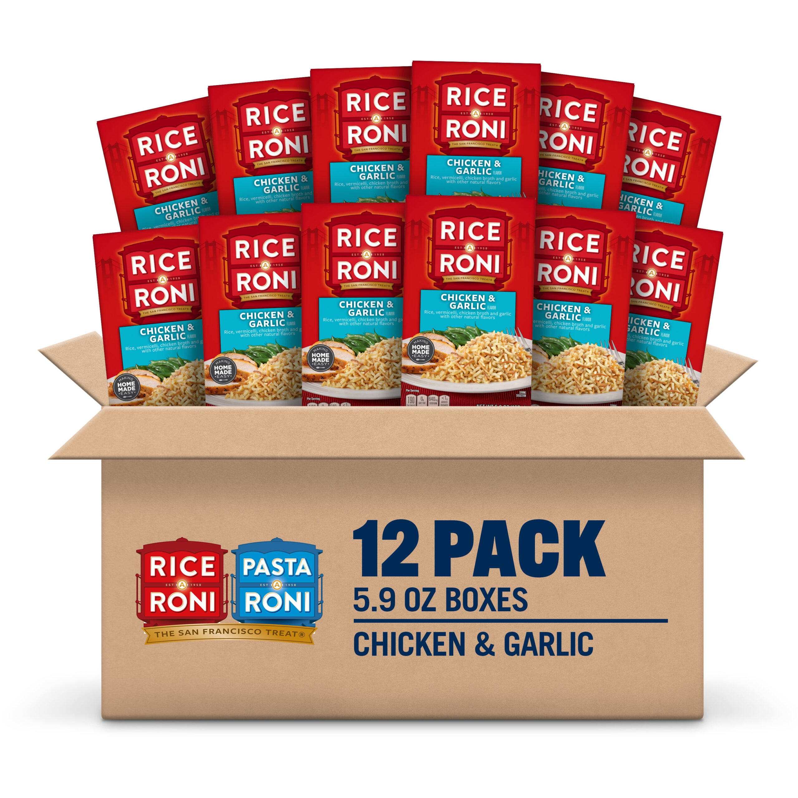 69d78063bce205f741f0d06e1df32703dfb90e438bc59dd59e944.jpg (12 pack) Rice-A-Roni Chicken & Garlic Rice & Vermicelli Mix, 5.9 oz - Image 1