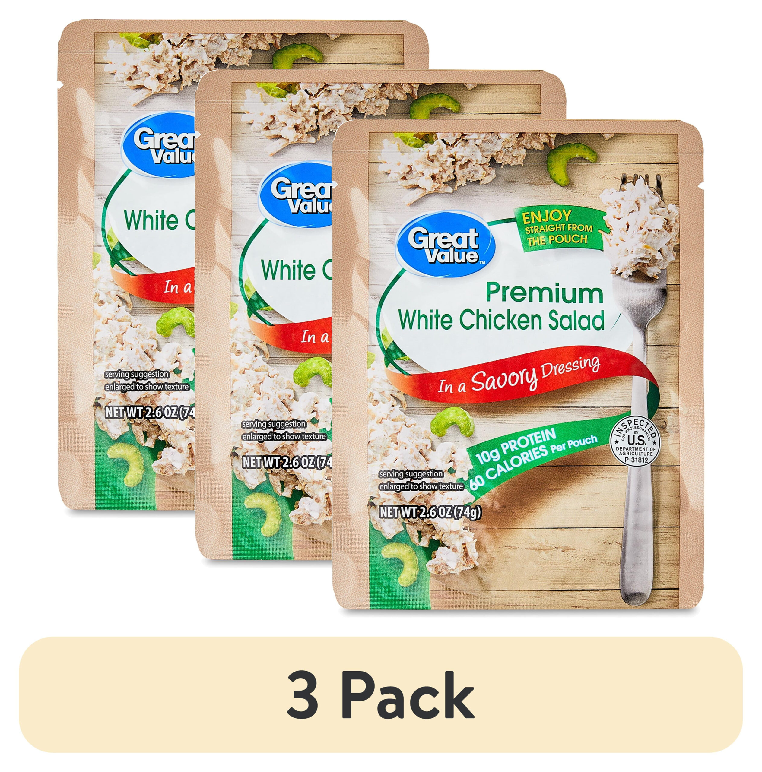69d7832fa2f89c8f4ded7b861f7c7d53c7e89fd53d6d62f434c37.jpg (3 pack) Great Value Premium White Chicken Salad Pouch, Ready-to-Eat, 2.6 oz, Shelf-Stable - Image 1