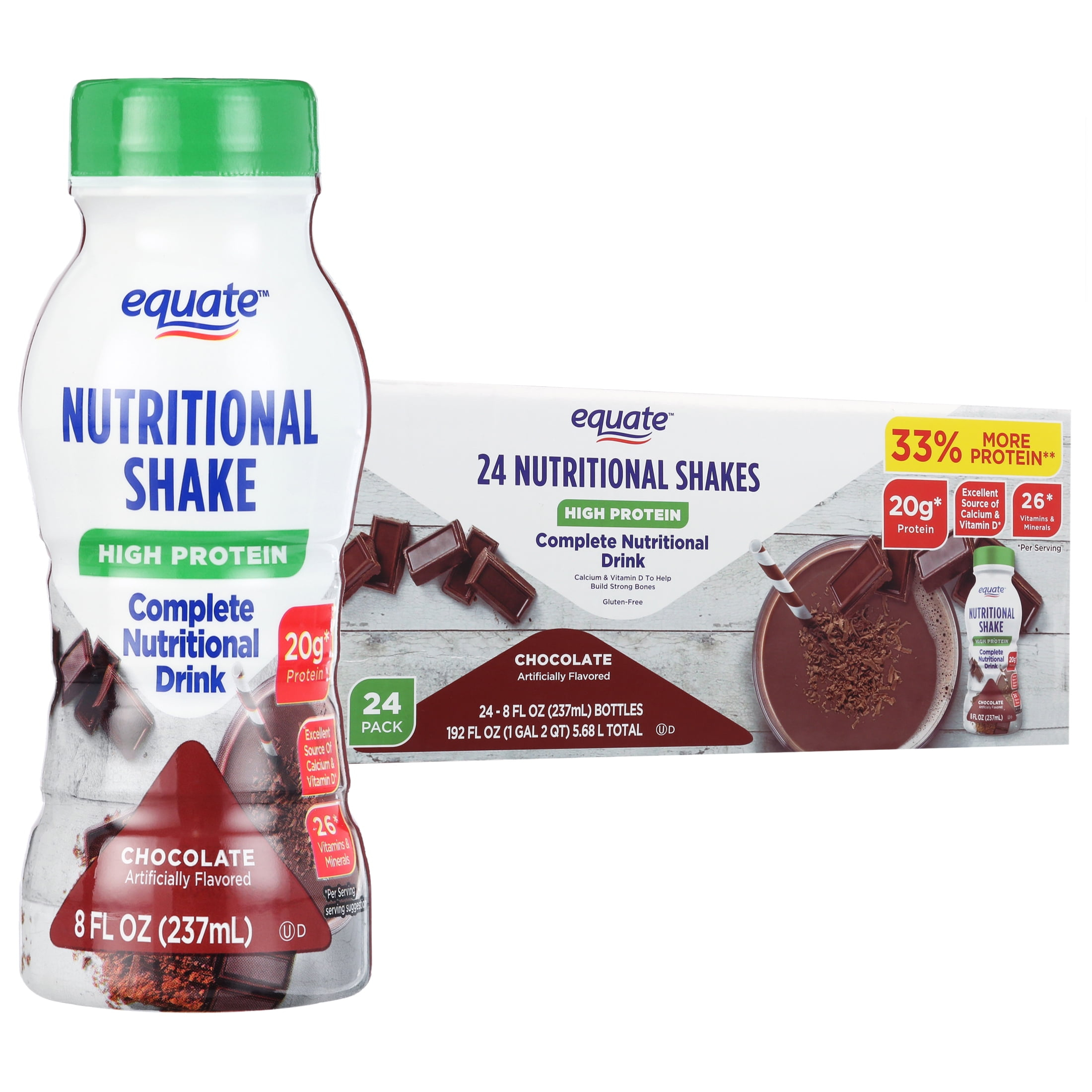 69d8b394c4e86c38f0f9ac585b62edf5a4b87207db56142acabe5.jpg Equate High Protein Complete Nutritional Shake, Calcium and Vitamin D, Chocolate, 8 fl oz, 24 Count - Image 1